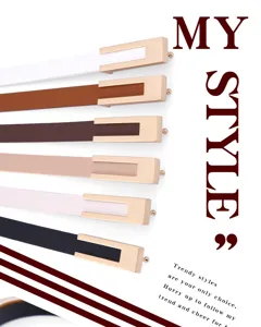 Ceinture fine en cuir pour femme avec boucle métallique lisse, accessoire de mode élégant.