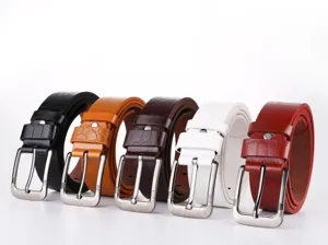Detailed view of men's embossed crocodile pattern leather belt with classic metal pin buckle.