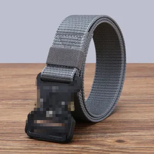 Close-up detail of the durable grey tactical nylon belt with quick-release buckle.