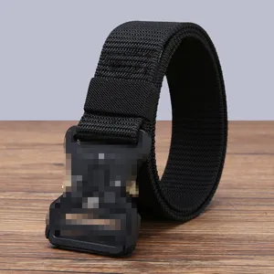 Close up view of the black tactical nylon belt with durable quick release buckle detail.