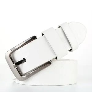 White leather belt for men with stylish metal pin buckle, classic casual design.