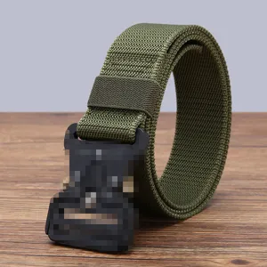 Tactical belt detail view, durable military green nylon webbing with heavy-duty metal buckle.