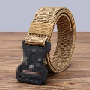 Men tactical belt with durable nylon webbing and quick release black buckle for outdoor use.