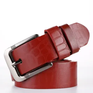 Red crocodile pattern leather belt for men with stylish silver pin buckle versatile casual wear