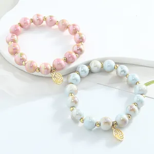Ensemble de bracelets de perles en céramique, bijoux en porcelaine rose et bleue pour femmes.