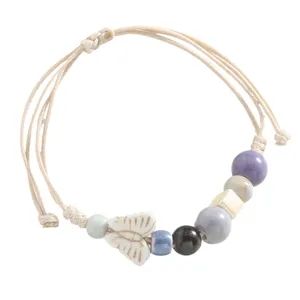 Fresh ceramic beaded bracelet for women, literary style handmade woven cord wrist jewelry.