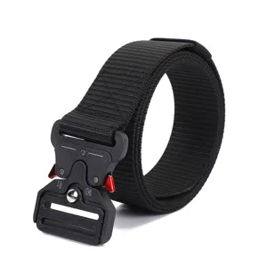 Tactical belt detail view showcasing the metal quick-release cobra buckle and nylon strap.