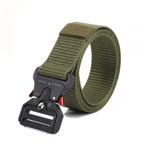 Close up detail of tactical belt showing durable nylon webbing and quick release buckle.