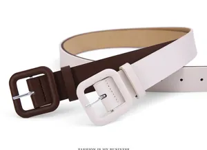 Detail view of women casual PU leather belt with square buckle, stylish daily waist accessory.