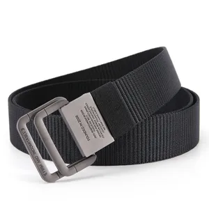 Cinturón de lona de nailon negro con hebilla de doble anilla metálica para hombre y mujer