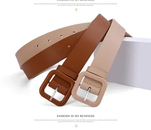 Detailed view of women casual leather belt with square buckle, stylish daily accessory design.