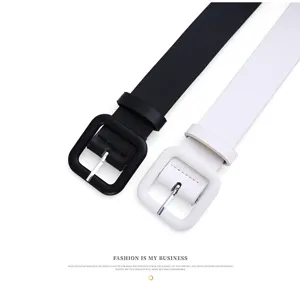 Classic minimalist women's leather belt with square buckle, available in black and white colors.