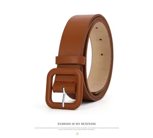 Brown leather belt detail showing the stylish square buckle and fine texture for women.