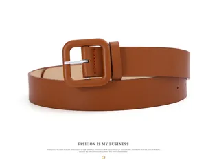 Women leather belt with wrapped square buckle, versatile casual jeans belt for stylish daily wear.