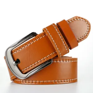 Classic men's brown PU leather belt with stylish white stitching and sturdy metal pin buckle for casual wear.