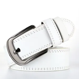 Close-up detail of the white PU leather belt with dark metal pin buckle, fine stitching.