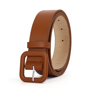Women's brown minimalist casual belt with square leather-wrapped buckle and pin.