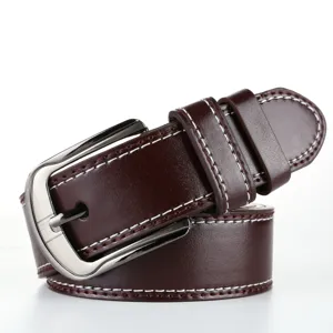 Detailed view of the brown PU leather belt featuring white contrast stitching and a pin buckle.