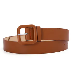 Women casual brown leather belt with square buckle versatile stylish jeans accessory for daily wear