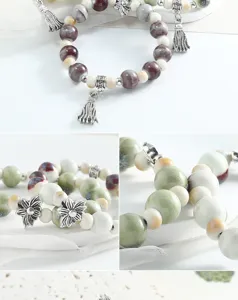 Jingdezhen kiln-change ceramic beaded bracelet with silver tassels and flower charms