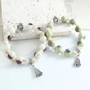 Jingdezhen kiln-changed ceramic beaded bracelet set, chic Chinese style jewelry for women.