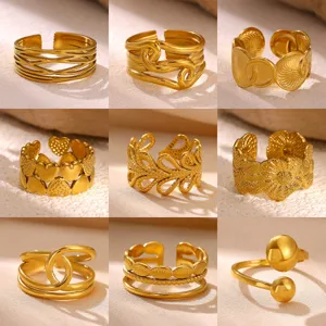 Minimalistische 304 Roestvrij Staal Vergulde Open Ring Voor Dames Brede Band Geometrische Lijnen Hartvormige Verstelbare Ring Sieraden