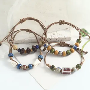 Retro Chinese style ceramic woven bracelet, adjustable handmade beaded jewelry for daily wear.
