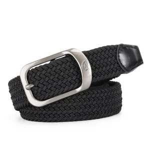 Black woven elastic belt with silver metal buckle, casual unisex stretch waistband.
