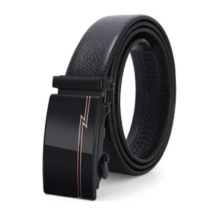 Cintura in vera pelle con fibbia automatica da uomo, motivo litchi nero 3,5 cm.