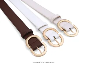 Women's thin leather belt detail, casual stylish waist belt with metal round buckle for jeans.