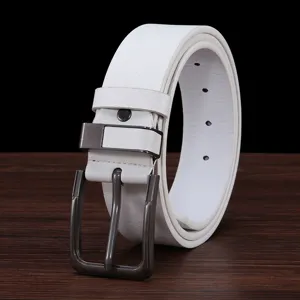 White leather belt detail, casual men pin buckle design, versatile everyday accessory.
