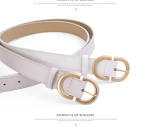 Women white PU leather belt with sleek gold metal buckle casual stylish waist accessory