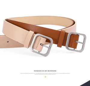 Womens PU leather belt with square metal buckle, stylish minimalist design casual accessory.