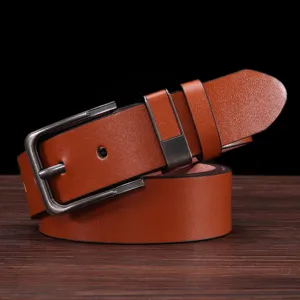 Men brown leather belt with durable alloy pin buckle for business casual and jeans daily wear.