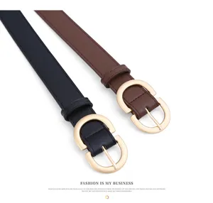Women minimalist faux leather thin belt with gold oval buckle, chic jeans waist strap.