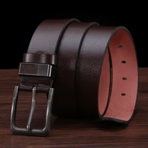 Men's business casual leather belt with alloy pin buckle, versatile brown trousers strap.