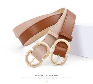 Women PU leather belt with stylish gold metal buckle, casual versatile waist belt for jeans.