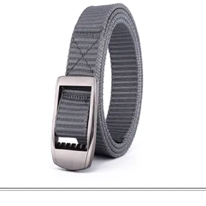 Grey nylon tactical belt with metal buckle, casual outdoor adjustable canvas trouser belt.