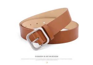 Brown PU leather belt detail, minimalist square metal buckle for women jeans daily wear.
