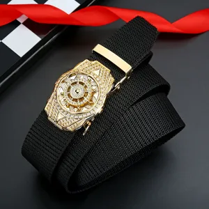 Ceinture tactique en toile de luxe avec boucle automatique dorée, accessoire de taille unisexe.