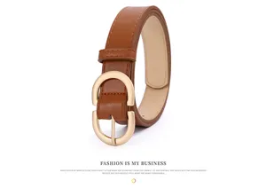 Stylish brown women's leather belt with a chic gold metal buckle for versatile daily outfits.