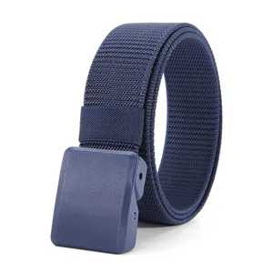 Dark blue nylon tactical belt detail, durable fabric strap and matching plastic buckle.