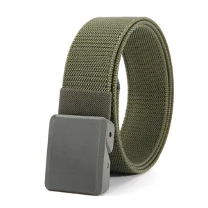 Close-up view of the army green tactical nylon belt with a durable matte resin buckle.
