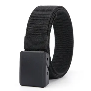 Close-up view of black tactical nylon belt featuring durable plastic buckle for daily wear.