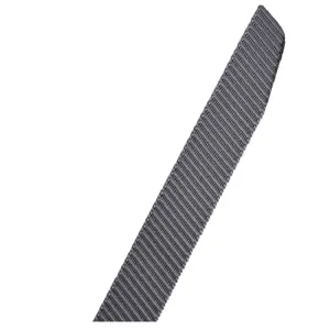 Close up detail of tactical nylon belt strap, gray woven canvas webbing, durable texture.