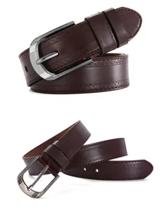 Brown men's leather belt with stylish embossed pattern and silver pin buckle for daily wear.