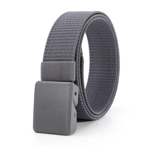 Detail view of the durable gray tactical nylon belt with a secure plastic buckle, perfect for outdoor use.