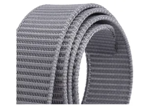 Grey nylon tactical belt detail showing durable woven texture and tight stitching quality.