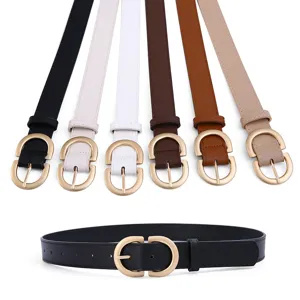 Women fashion leather belt with elegant gold buckle, versatile waist strap for jeans.