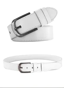 Detailed view of white men's embossed leather belt with stylish black metal pin buckle.